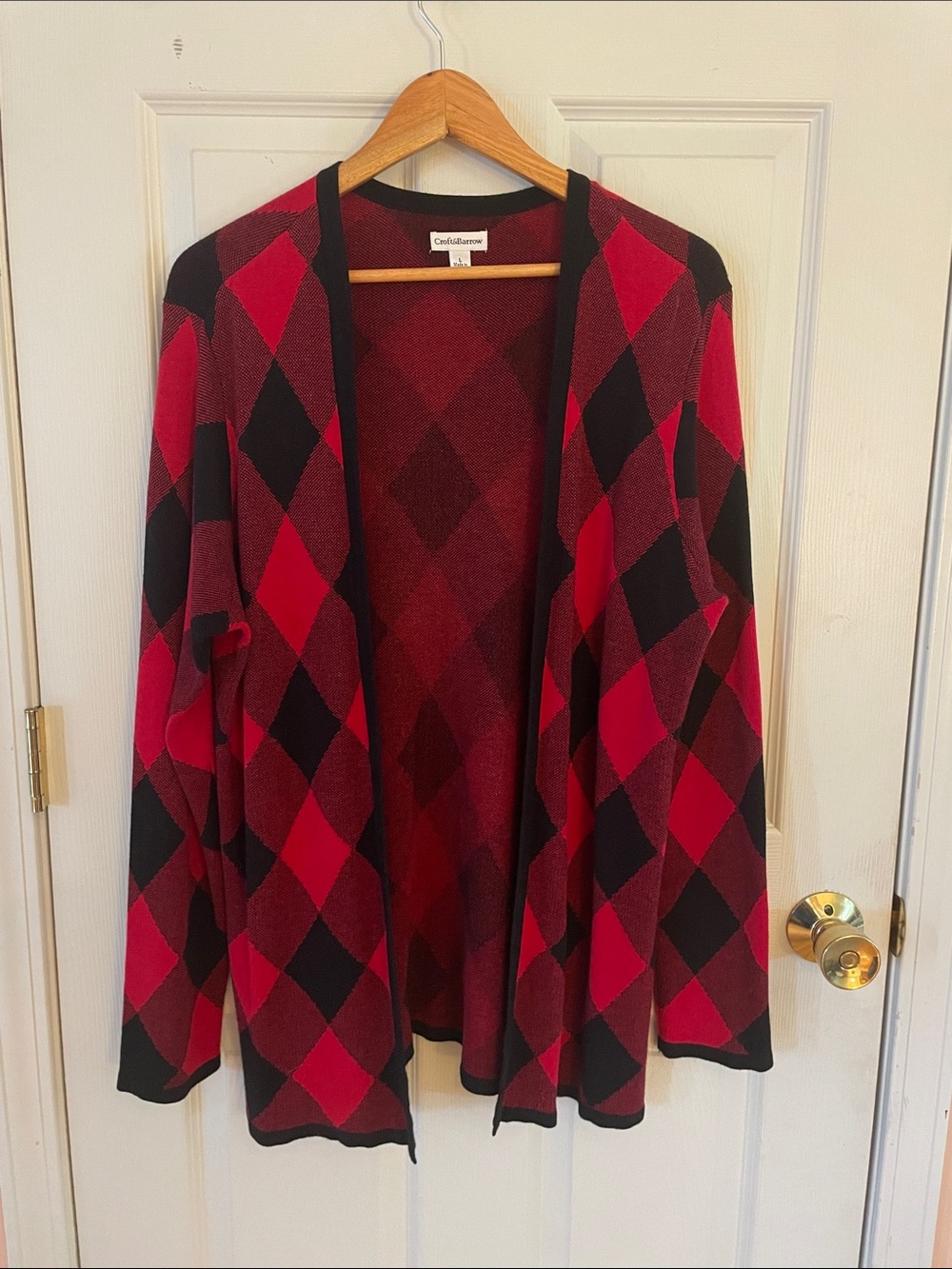 croft & barrow Red and Black Argyle Open-Front Cardigan